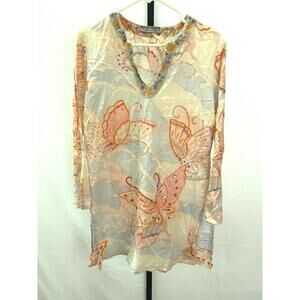 Women's Butterfly Print Tunic with Embroidered V-Neck Peppermint Bay